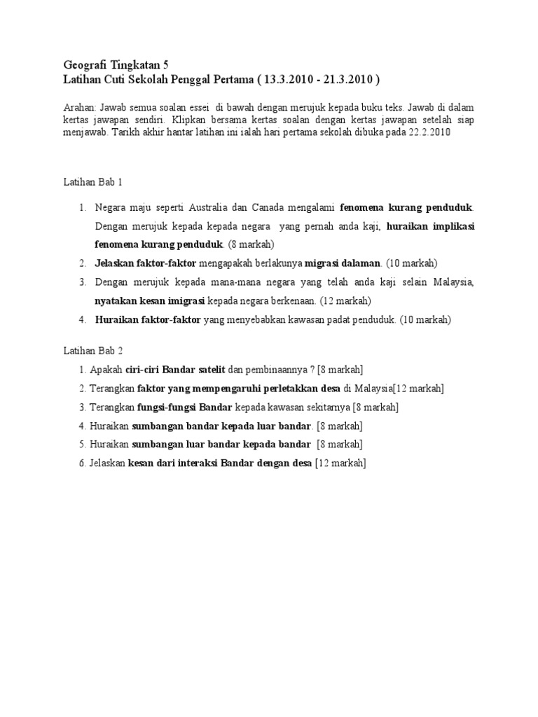 Geografi Tingkatan 5 Latih Tubi Cuti Penggal Satu Semua Bab Pdf