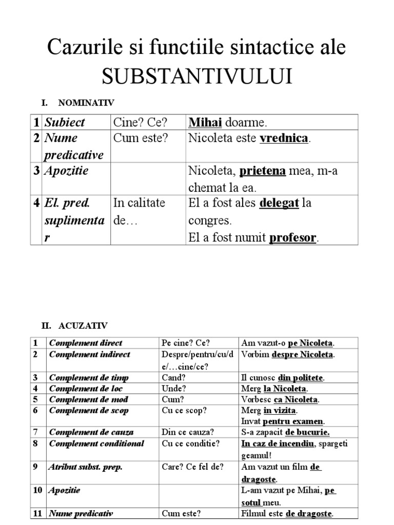 Cazurile Verbului Cazurile Si Functiile Sintactice Ale SUBSTANTIVULUI | PDF