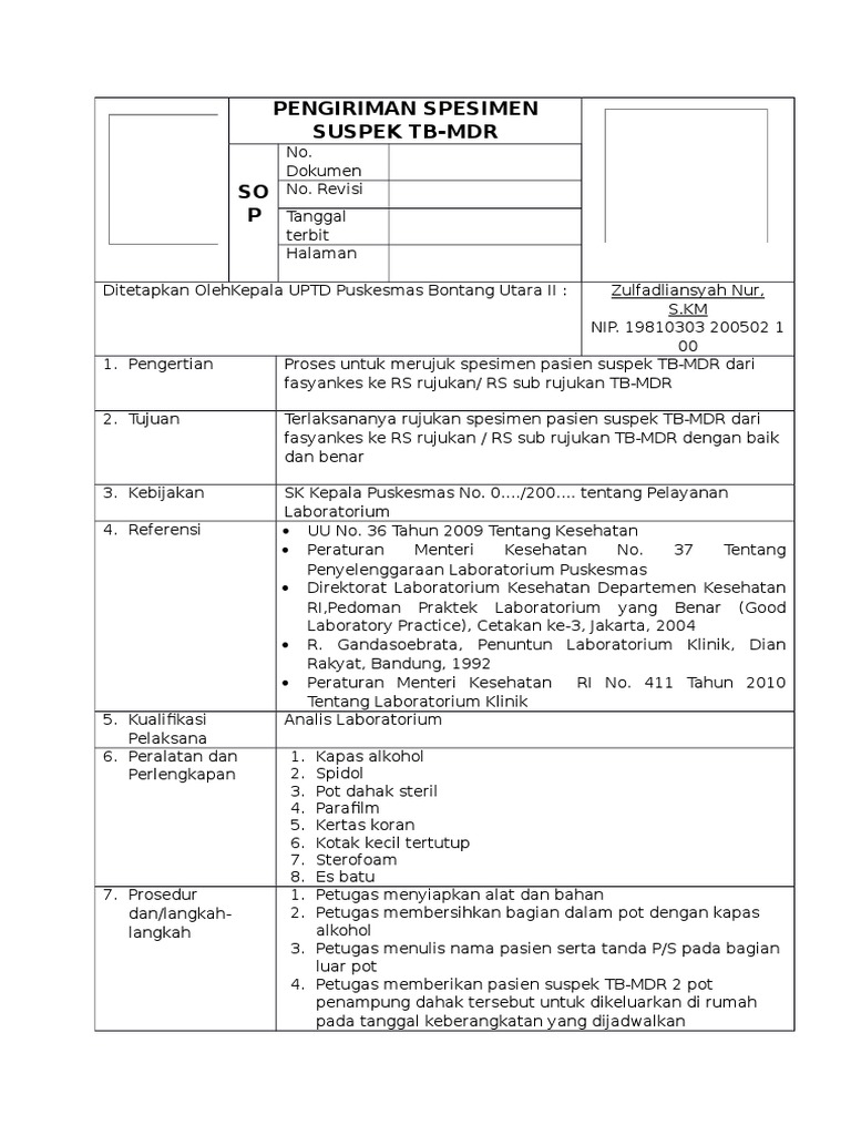 SOP Pengiriman Dahak Susp TB MDR SOP Pengiriman Dahak Susp TB MDR