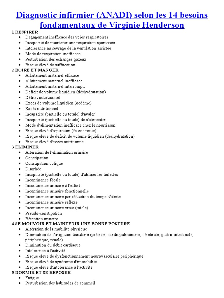 Diagnostic infirmier (ANADI) selon les 14 besoins fondamentaux de Virginie  Henderson (récupéré).docx, PDF, Traumatisme psychologique