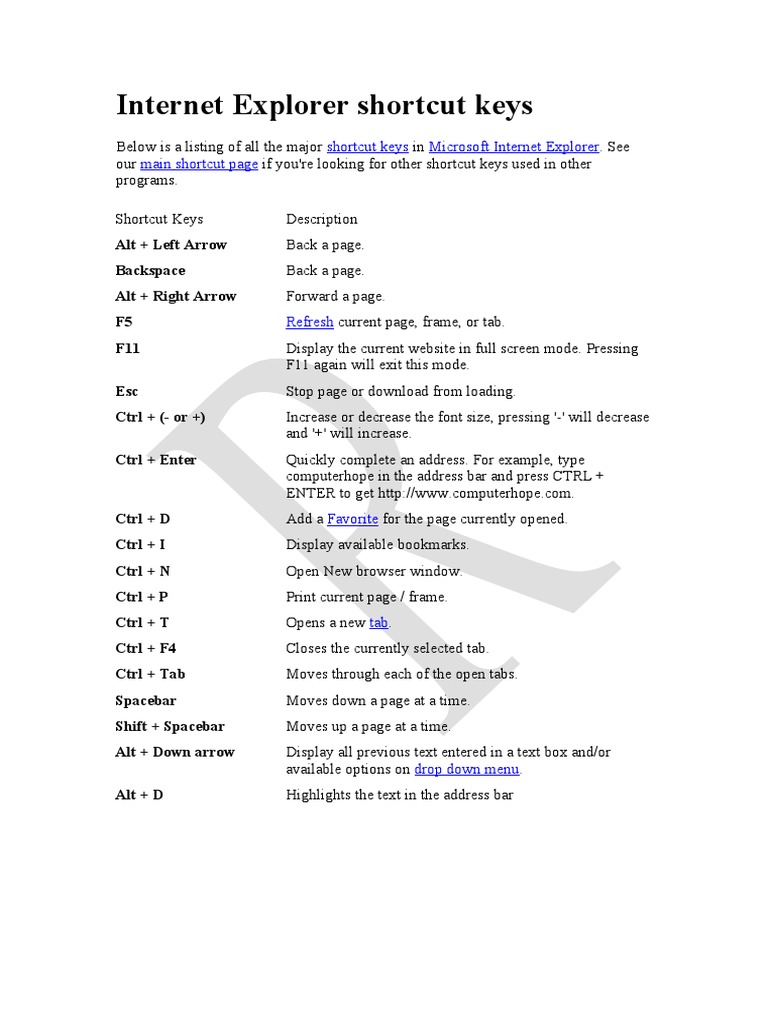 Internet Explorer Shortcut Keys Guide | PDF