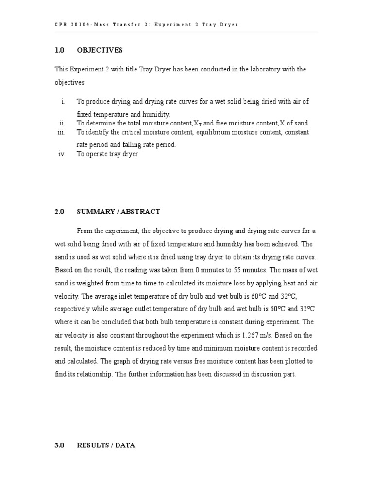 CPB 20104 Mass Transfer 2 UniKL MICET Experiment 2 Tray Dryer Full Lab Report PDF Humidity