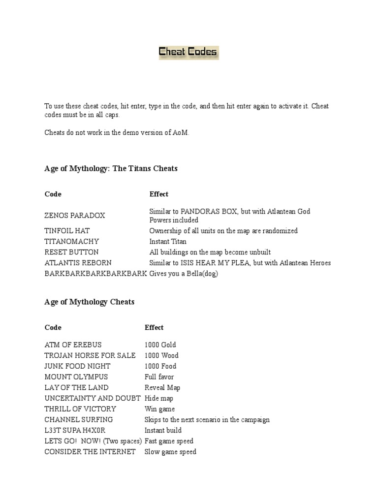 Cheat Codes Za Igricu Age Of Mithlogy Pdf