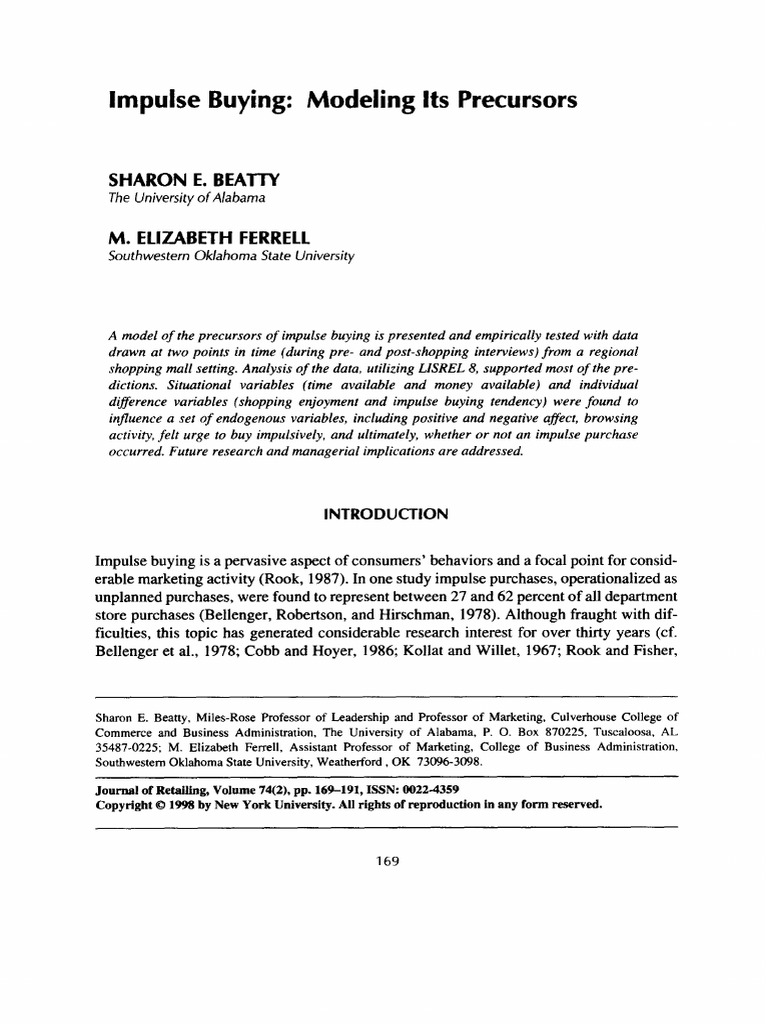 Beatty, Ferrell - 1988 - Impulse Buying Modeling Its Precursors PDF ...