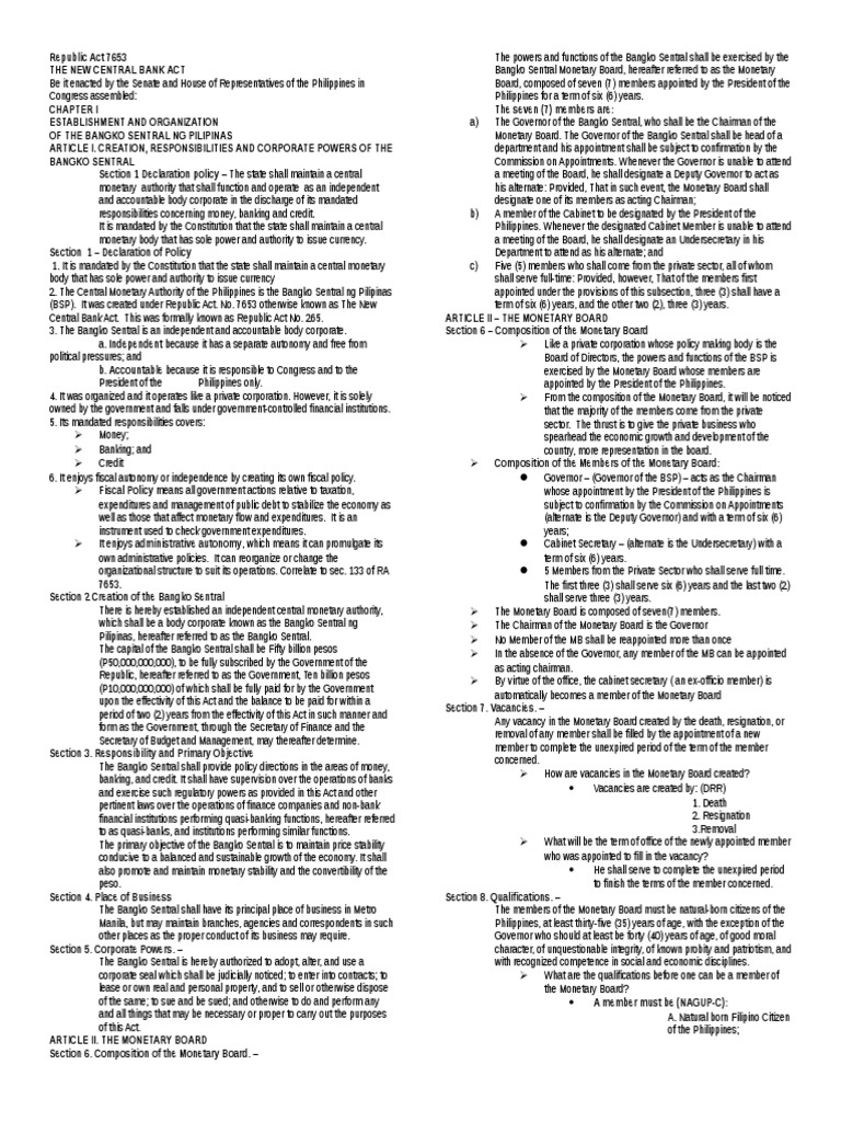 Republic Act 7653: New Central Bank Act | PDF | Conservatorship ...