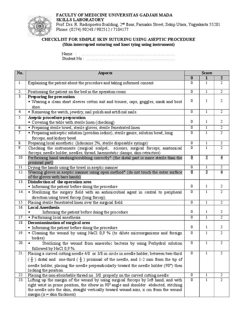 Suturing Skills OSCE Checklist | PDF | Surgical Suture | Surgery