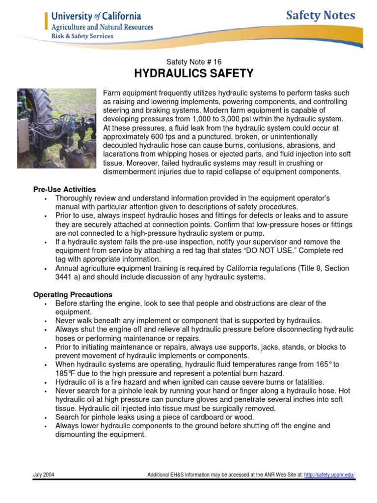 Hydraulics Safety PreUse Activities PDF Leak Burn