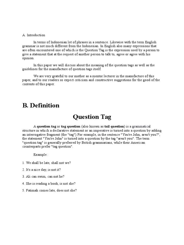 B. Definition Question Tag Grammatical Declarative Imperative