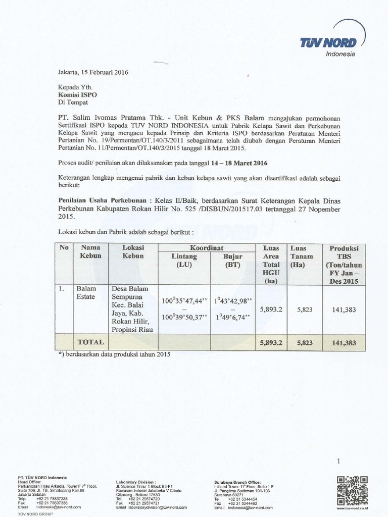 418.notifikasi ISPO PT. Salim Ivomas Pratama - PKS Balam | PDF