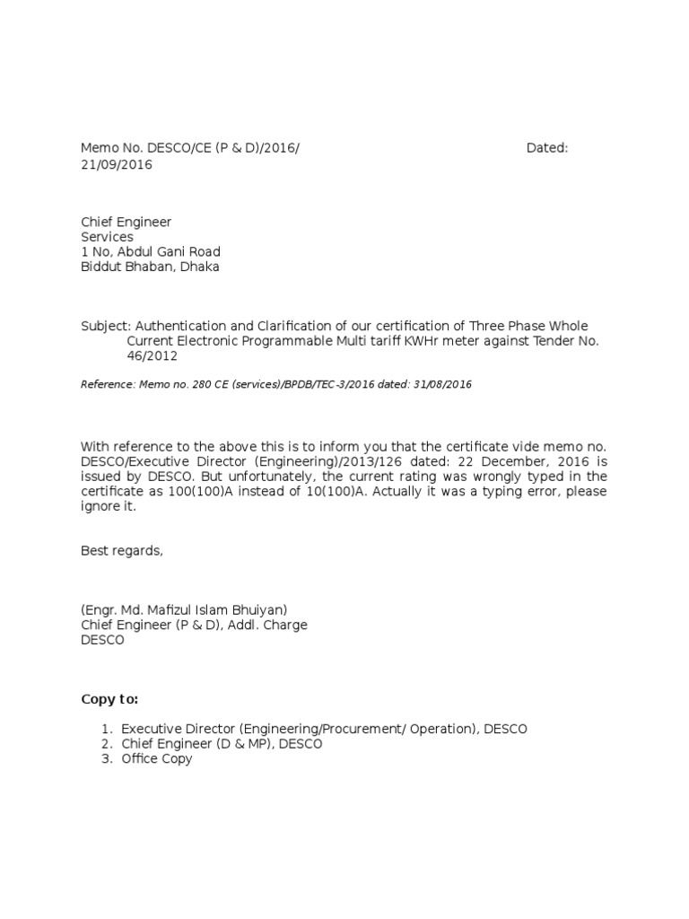 Reference: Memo No. 280 CE (Services) /BPDB/TEC-3/2016 Dated: 31/08 ...