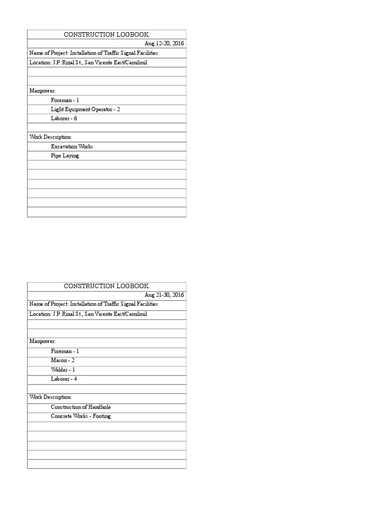 Construction Logbook for Traffic Signals | PDF | Science & Mathematics
