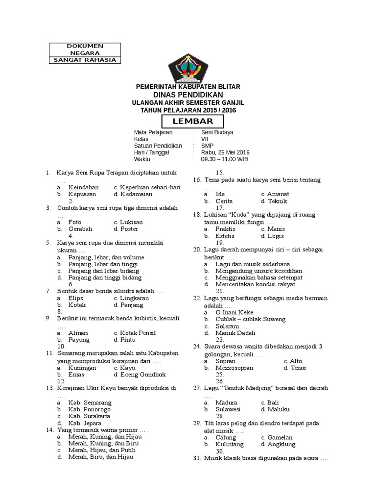 Soal Ujian Akhir Semester Seni Budaya