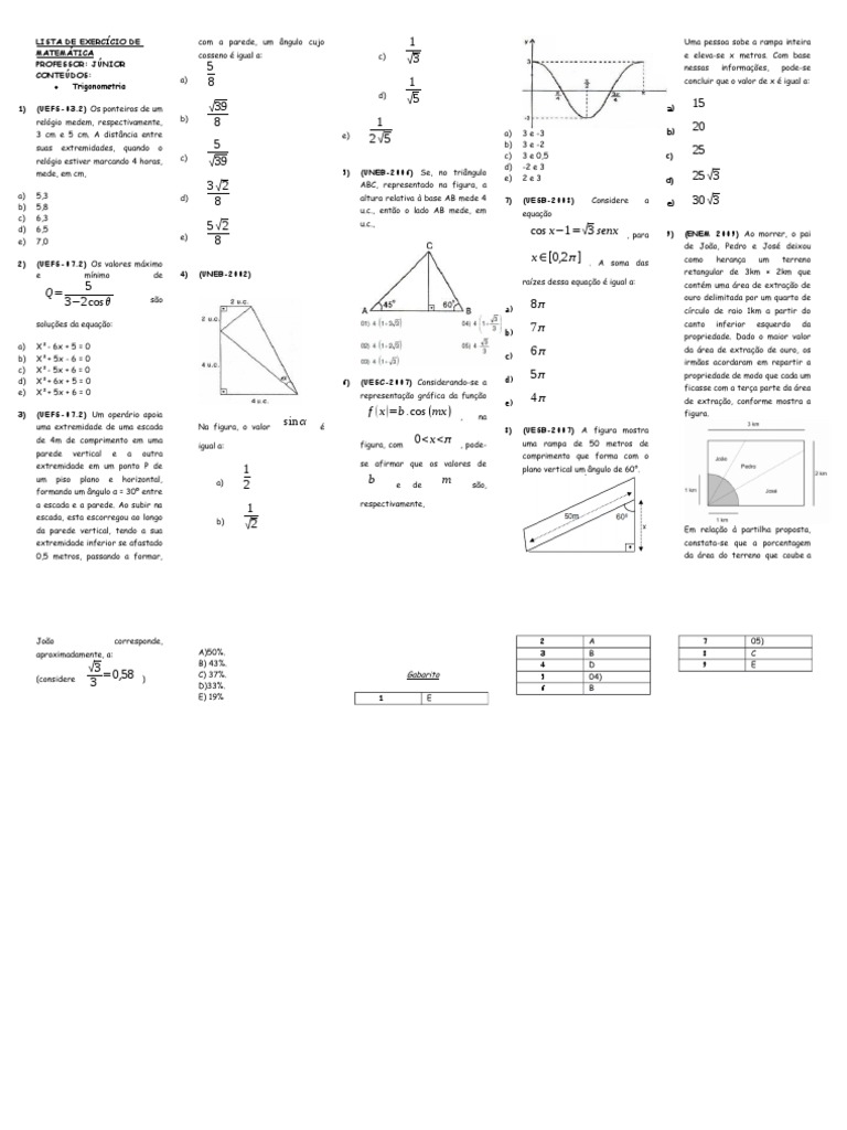 Exercícios de Trigonometria com Gabarito | PDF | Métodos e Materiais de ...