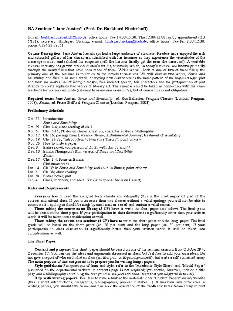 Jane Austen Seminar Overview and Schedule | PDF | Jane Austen | Pride ...