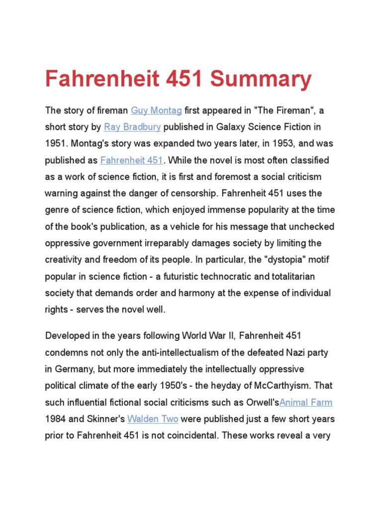 Fahrenheit 451 summary fiction literature