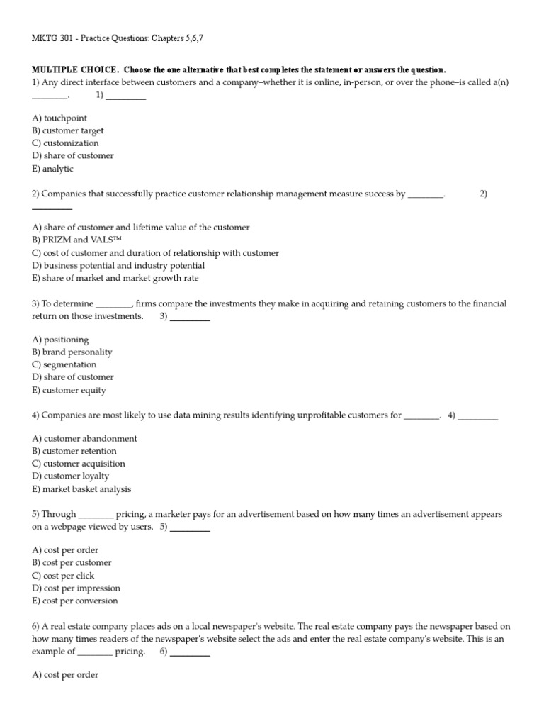 Practice Questions - CH 5 6 7 | PDF | Market Segmentation | Marketing