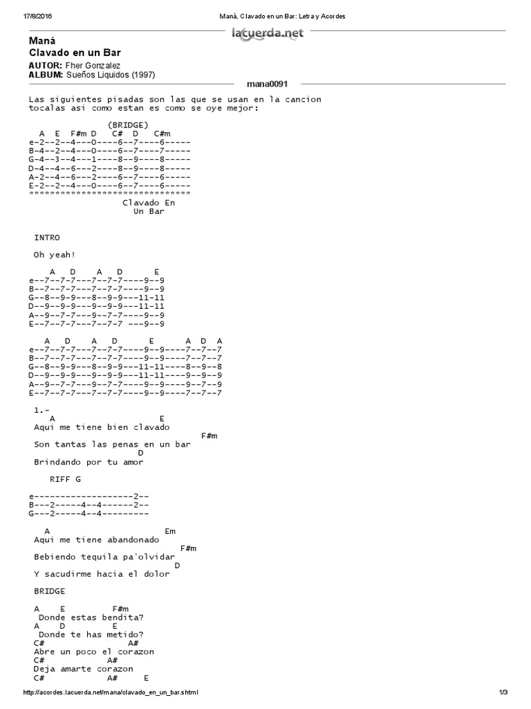 Maná, Clavado en Un Bar Letra y Acordes PDF