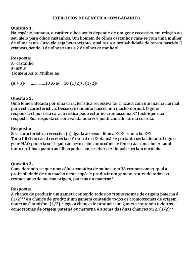 Exercícios de Genética com Gabarito | PDF | Dominância (genética) | Alelo