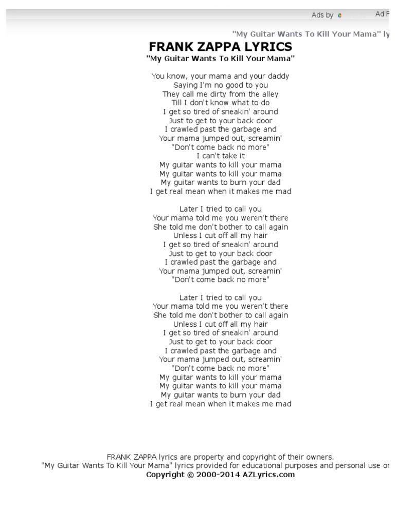 Frank Zappa Lyrics My Guitar Wants To Kill Your Mama