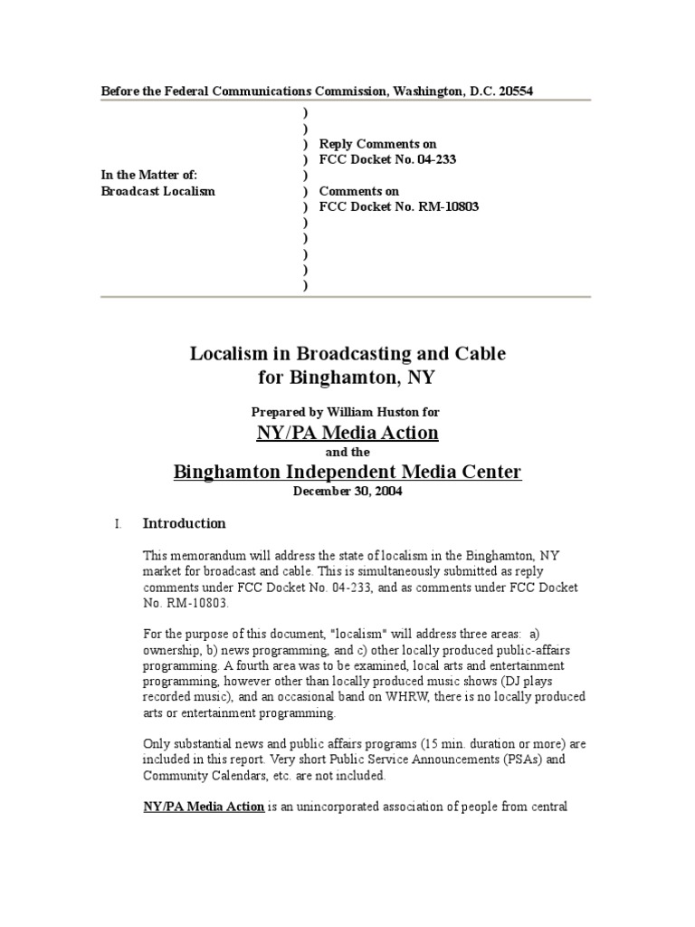 Localism in Broadcasting and Cable in Binghamton NY PDF News