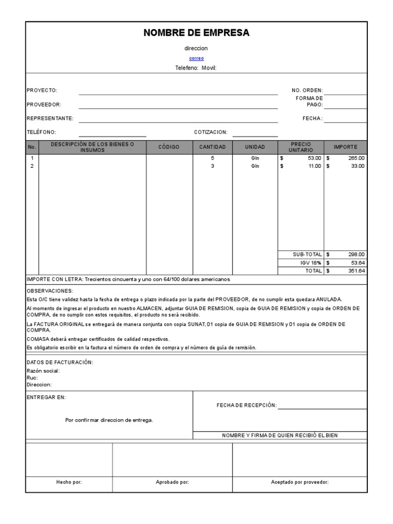 Modelo de Orden de Compra | PDF