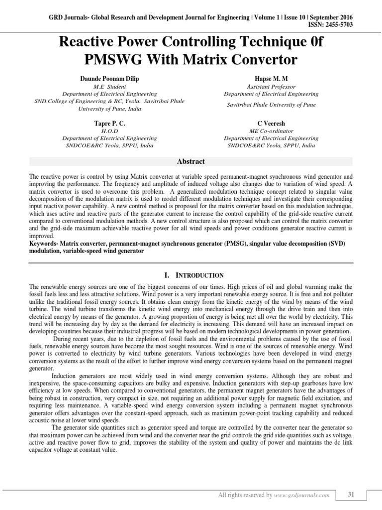 Reactive Power Control in Wind Generators | PDF | Wind Power | Electric ...