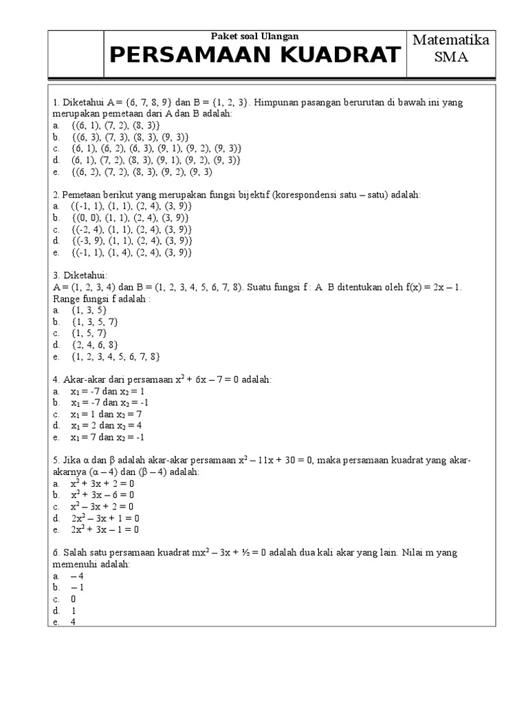 Contoh Soal Soal Ulangan Matematika Kelas 9 Fungsi Kuadrat