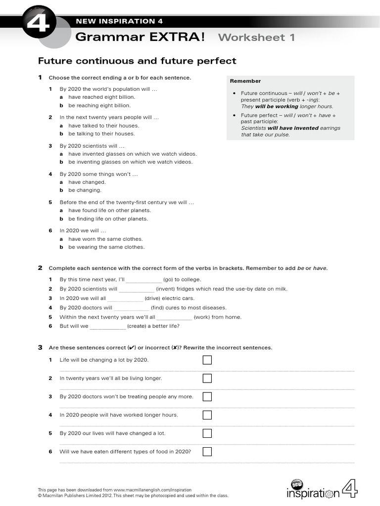 Grammar EXTRA NI 4 Unit 4 Future Continuous and Future Perfect | PDF ...