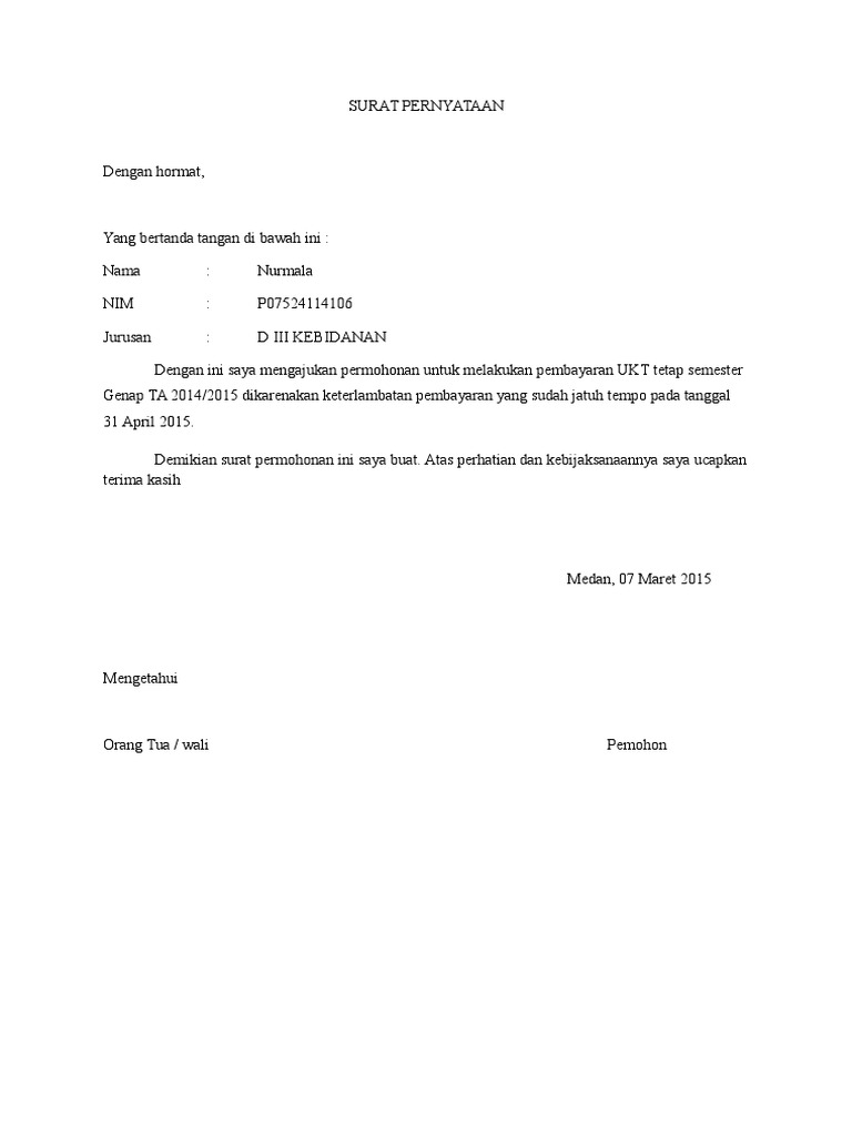 Surat Permohonan Telat Bayar Ukt