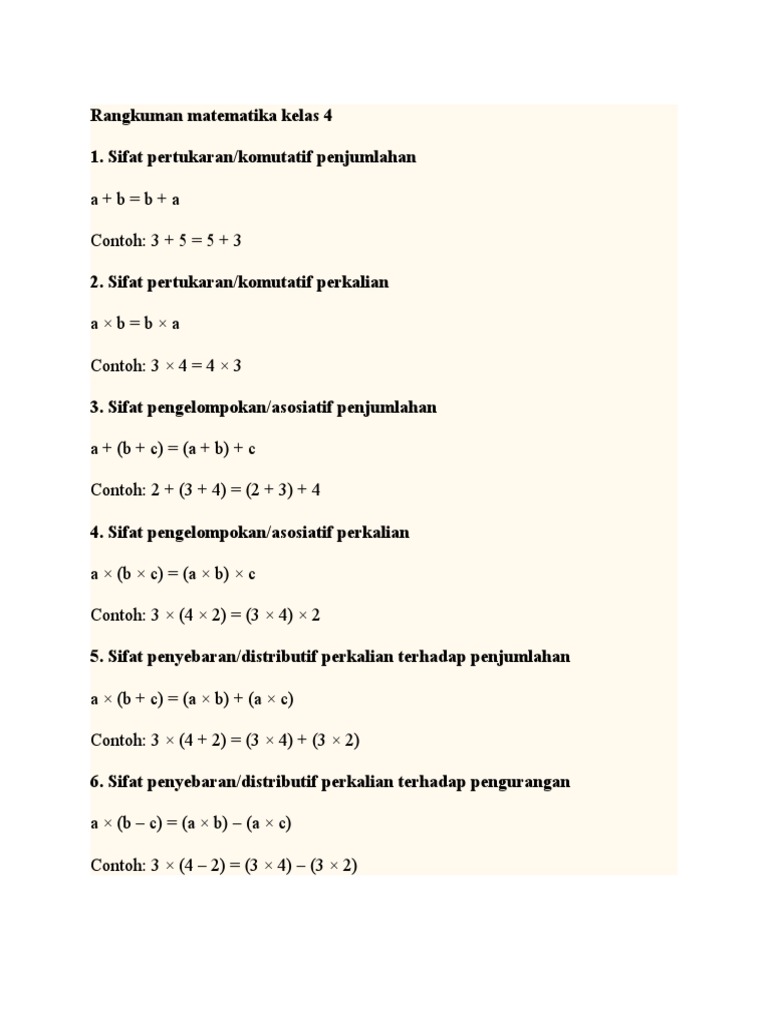 Rangkuman Sifat Operasi Matematika Kelas 4 | PDF | Metode & Bahan Ajar