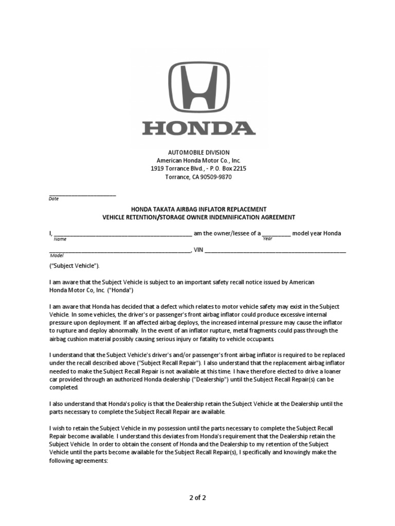 Honda Takata Air Bag Agreement Takata Corporation Airbag Free 30day Trial Scribd