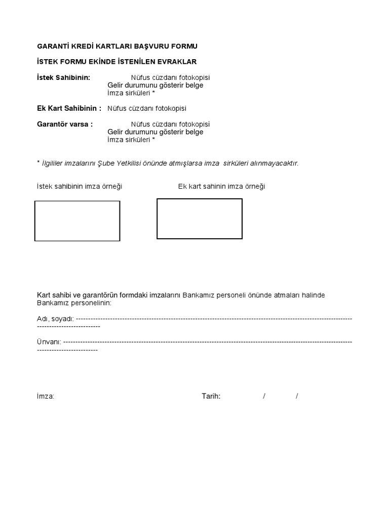 Garanti Kredi Kartlari Basvuru Formu PDF