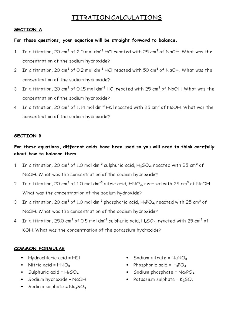 Titration Calculations Practice Worksheet | PDF | Sodium Hydroxide ...