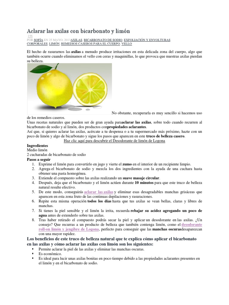 Aclarar Las Axilas Con Bicarbonato y Limón | PDF | Bicarbonato de sodio |  Limón