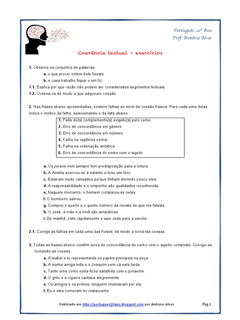 Exercícios de Coesão Textual 10º Ano | PDF | Tempero | Portugal