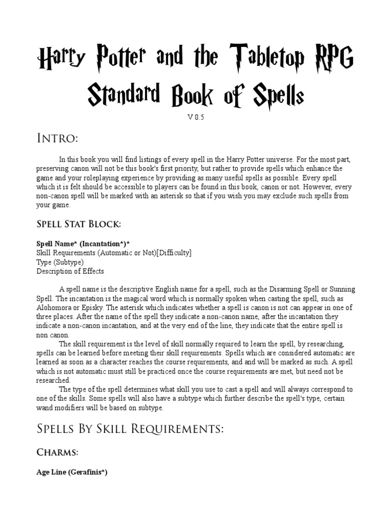 Harry Potter and The Tabletop RPG Spells Download Free PDF Mythology Paranormal