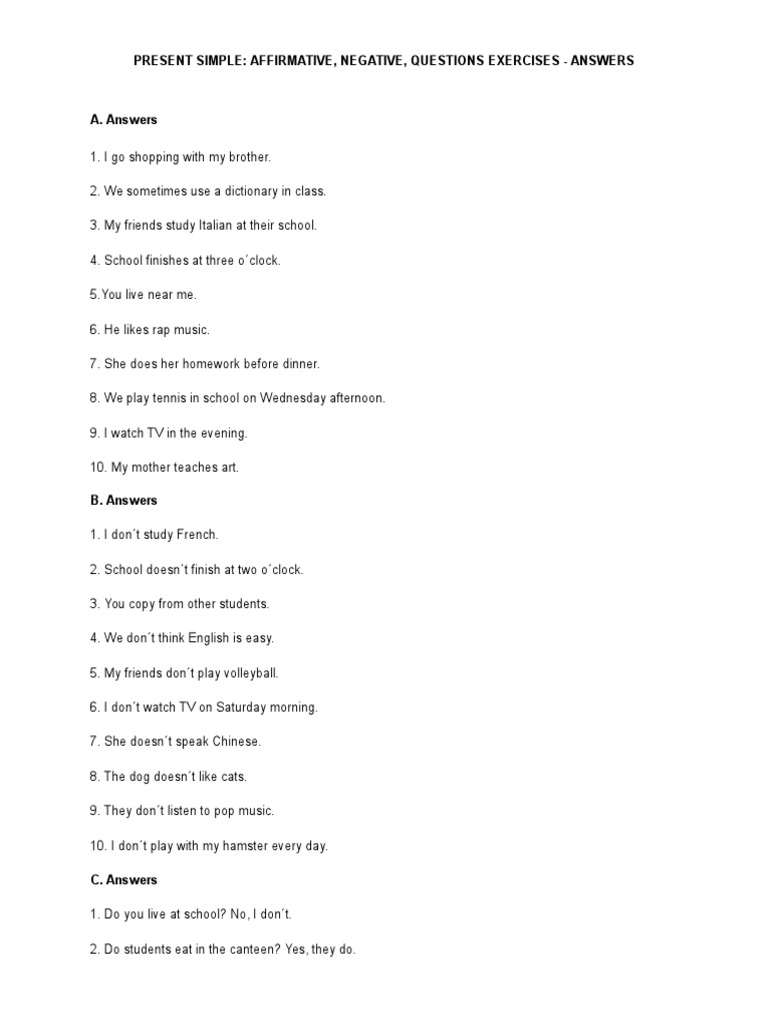 Present Simple Exercises: Affirmative & Negative | PDF | Language Arts ...