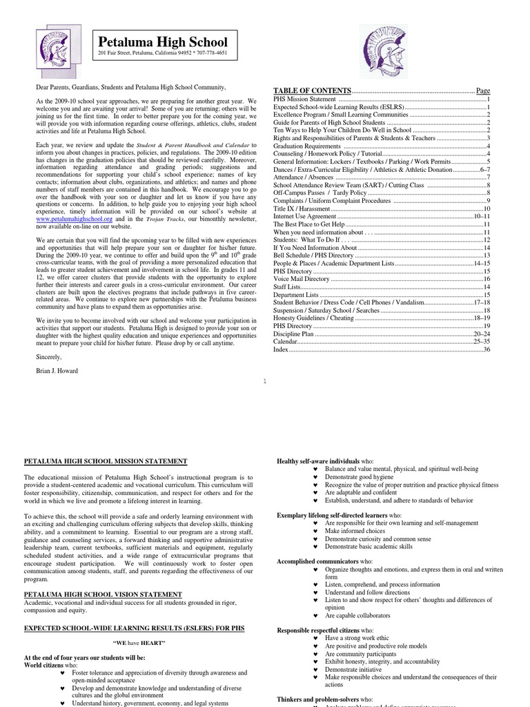 Petaluma High School 2009 2010 Handbook Download Free PDF Homework