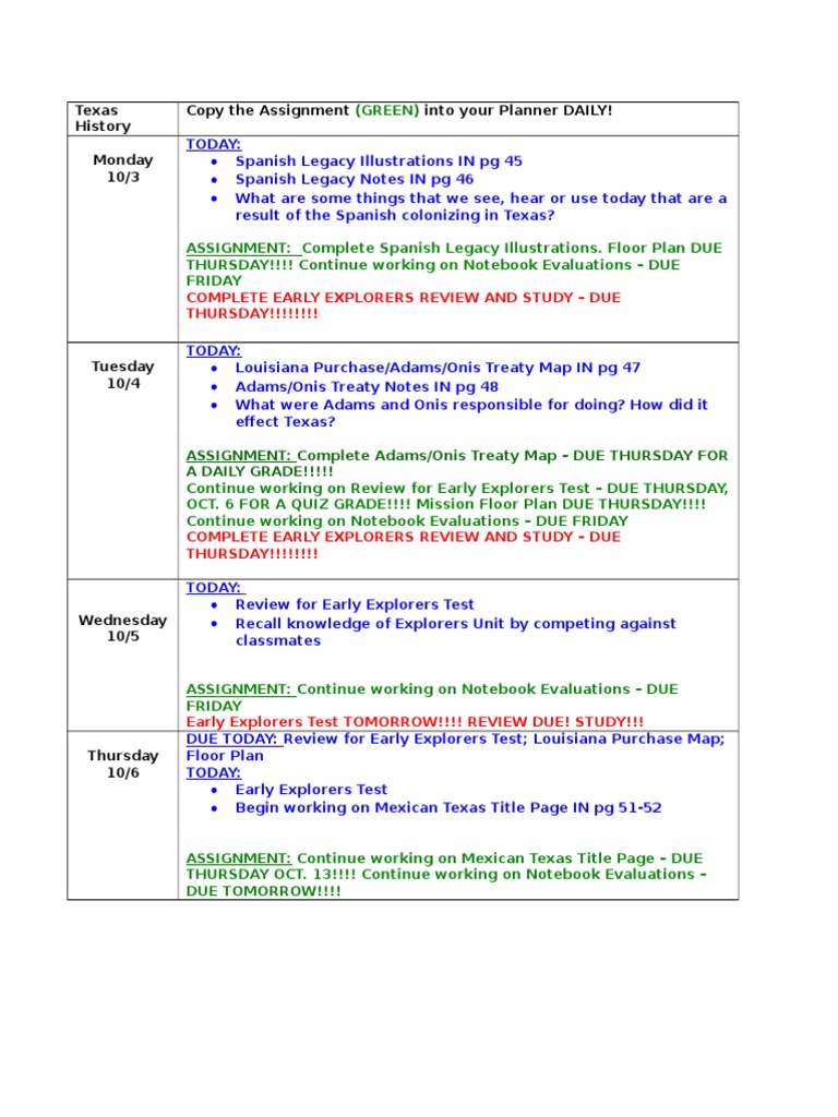 Texas History Weekly Assignments Guide | PDF | Foreign Language Studies