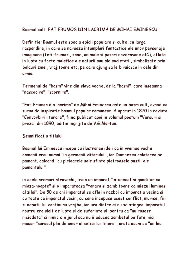 Fat Frumos Din Lacrima Fisa De Lectura Basmul Cult Fat Frumos Din Lacrima de Mihai Eminescu | PDF