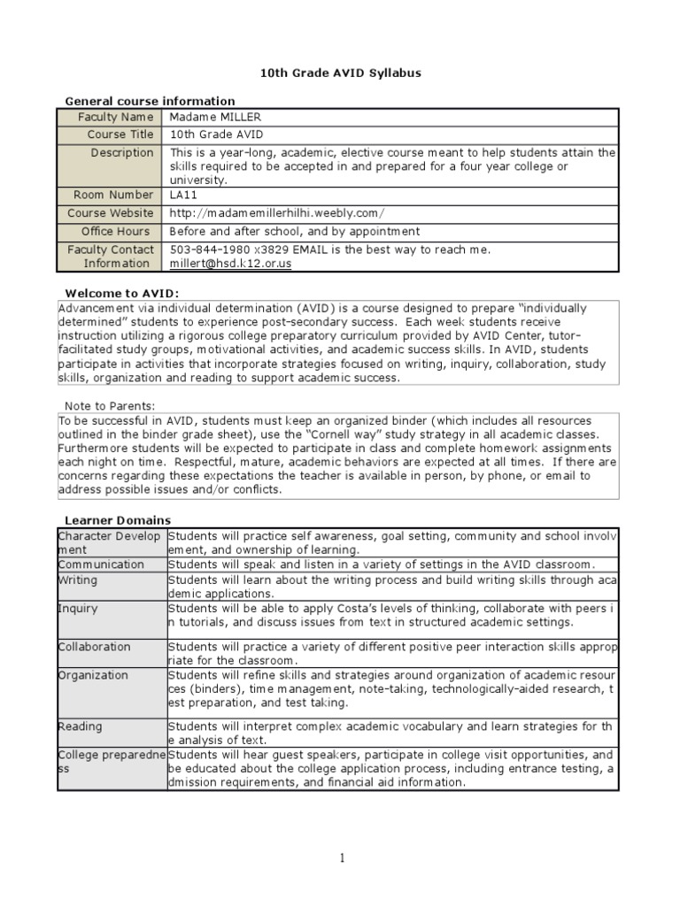10th Grade AVID Course Syllabus | PDF | Homework | Students