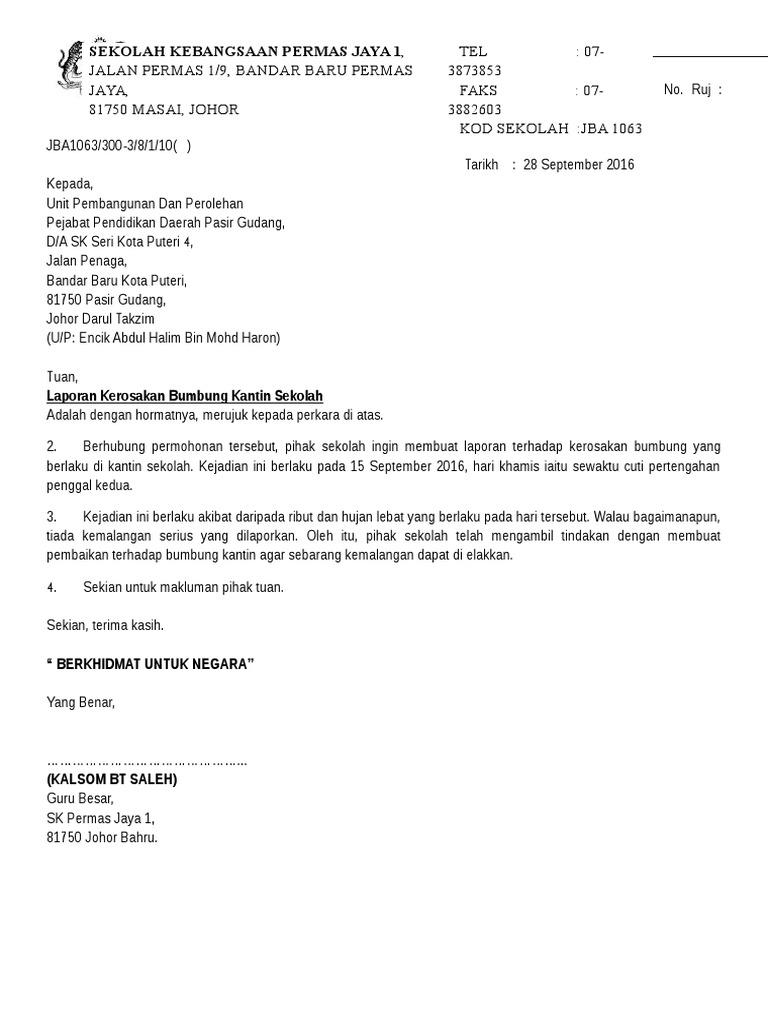 Contoh Surat Membaiki Bumbung Syarikat Disebabkan Hujan