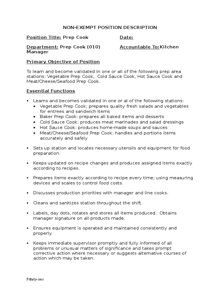 Prep Job Descrip A4 PDF Sauce Salad