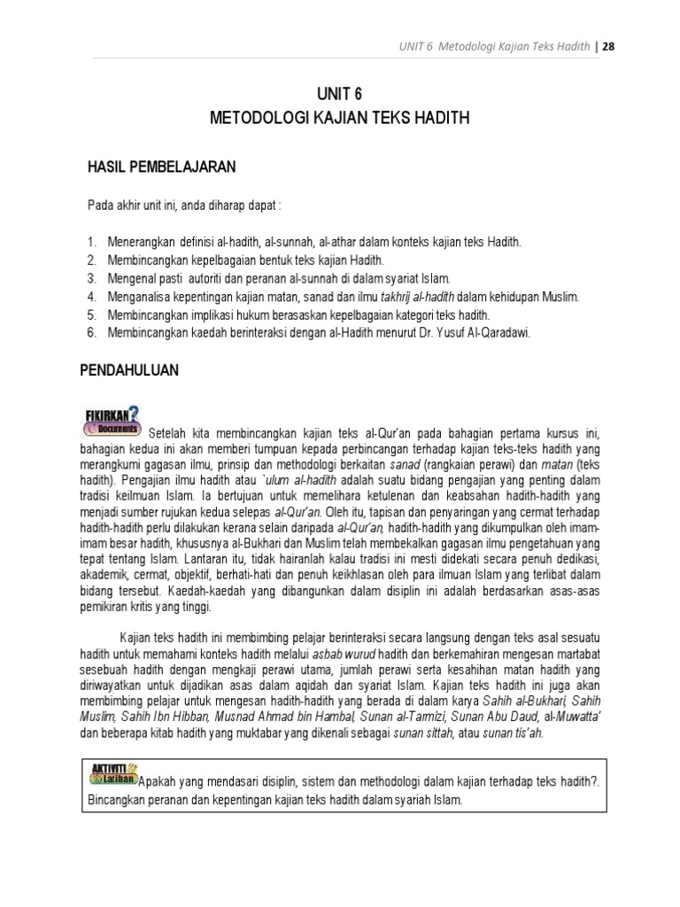 Unit 6 Metodologi Kajian Teks Hadith Pdf