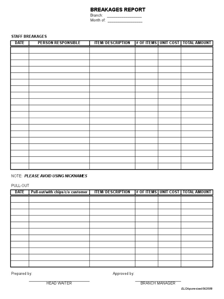 Monthly Breakages Report Template | PDF | Finance & Money Management