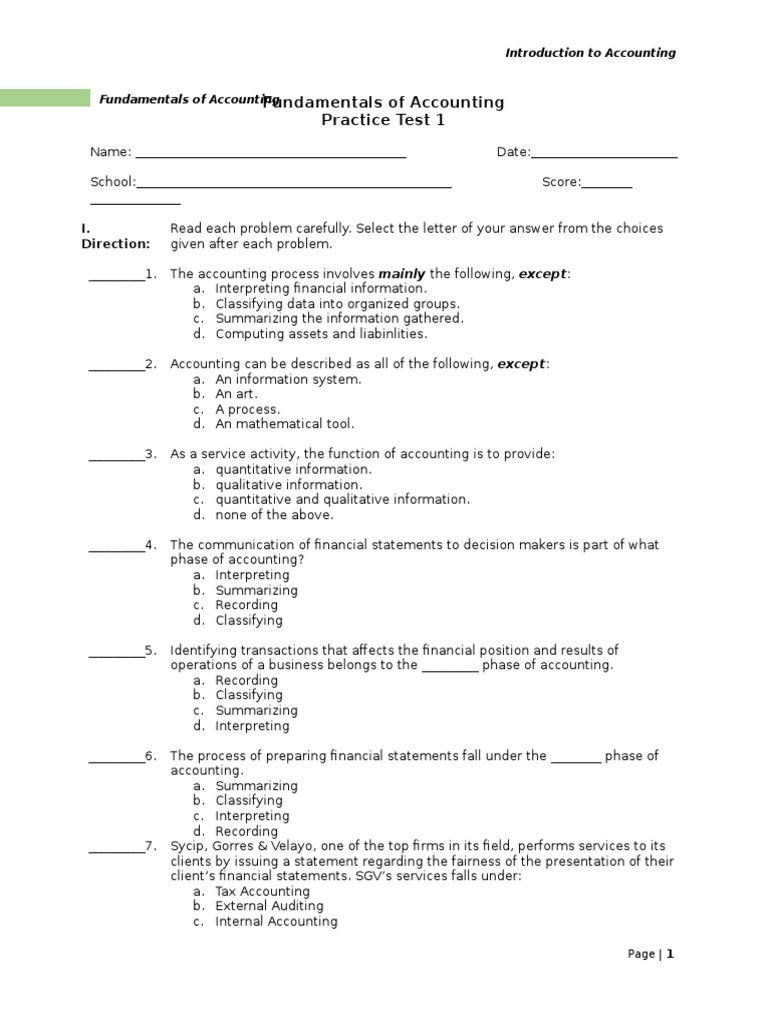 Fundamentals of Accounting Practice Test 1: I. Direction | PDF ...