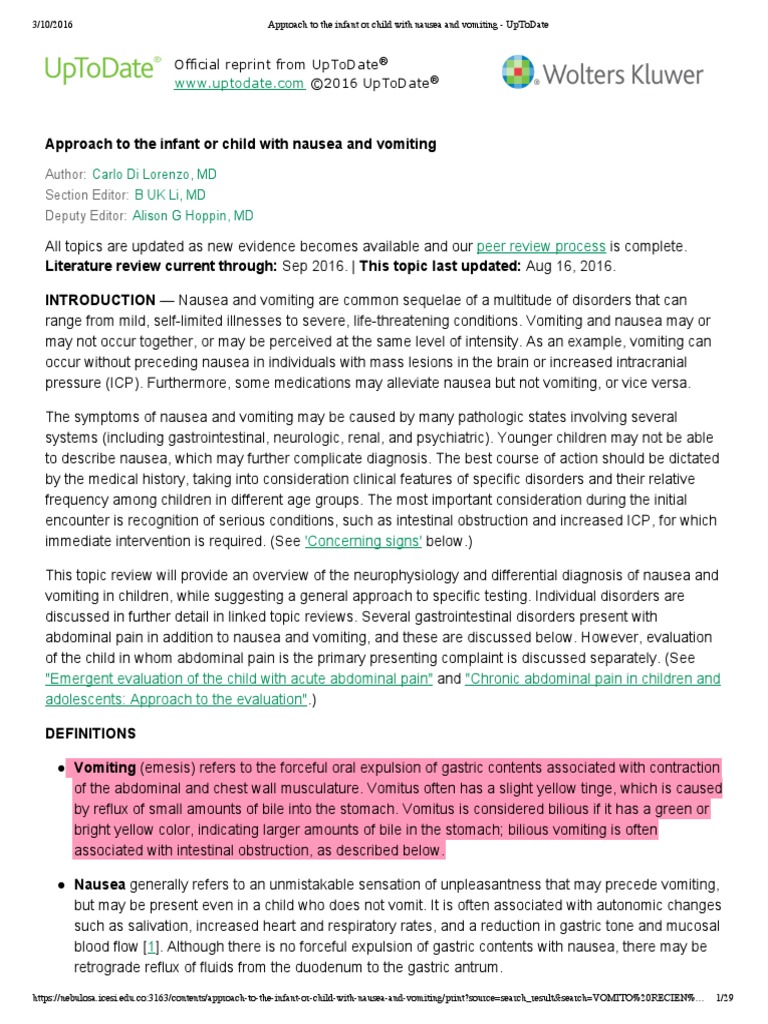 Approach To The Infant or Child With Nausea and Vomiting - UpToDate ...
