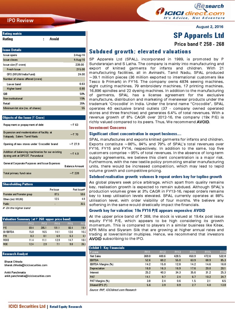 SP Apparels LTD Subdued Growth Elevated Valuations PDF Financial Analyst Securities Research