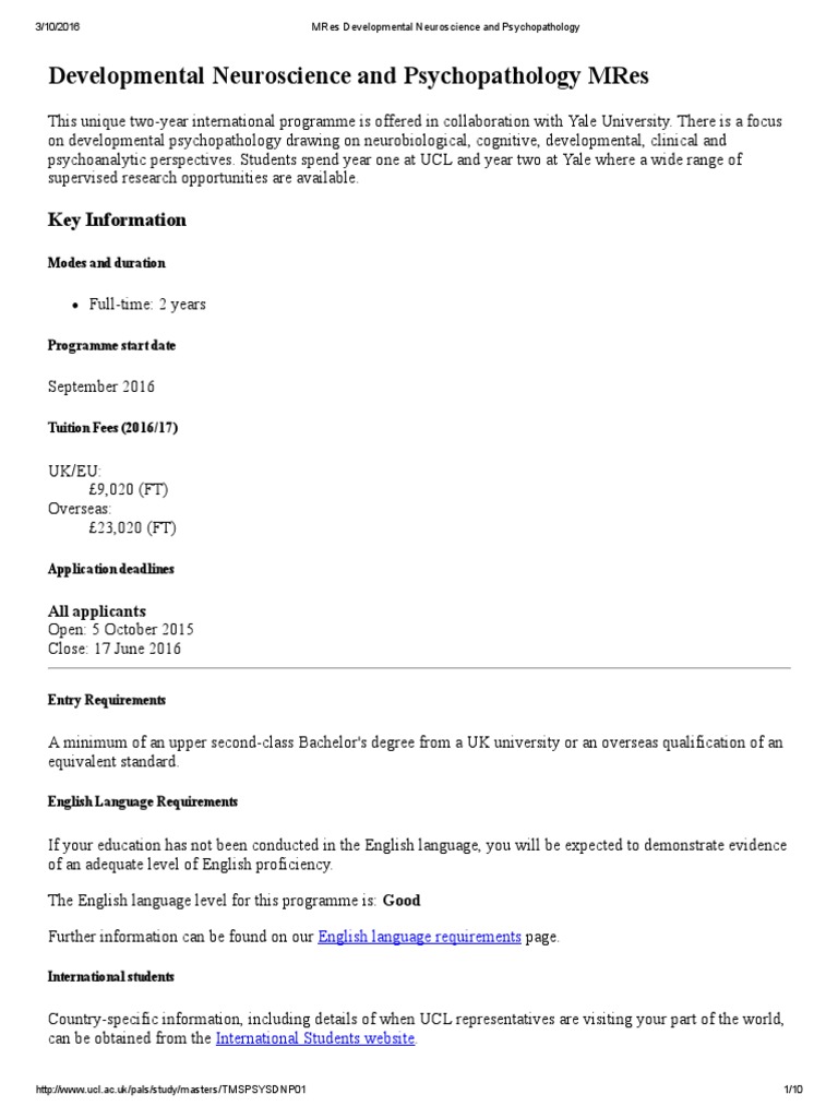 MRes Developmental Neuroscience and Psychopathology PDF Doctor Of