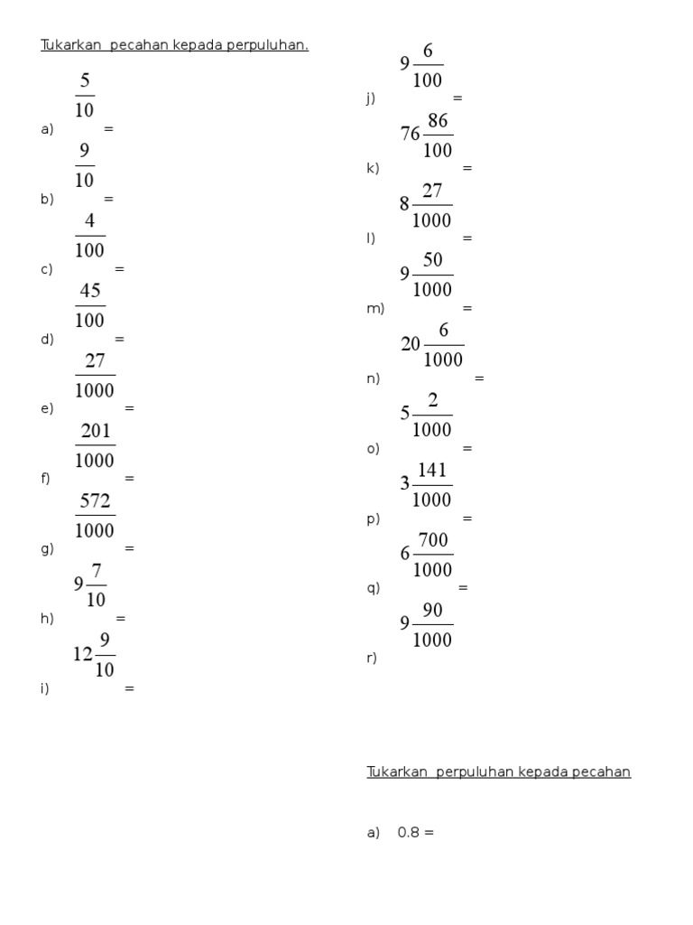 Tukarkan Pecahan Kepada Perpuluhan